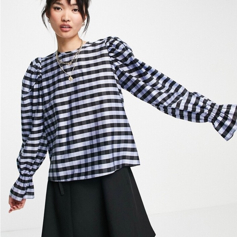 & Other Stories Black and Blue Checkered Puff Sleeves Blouse